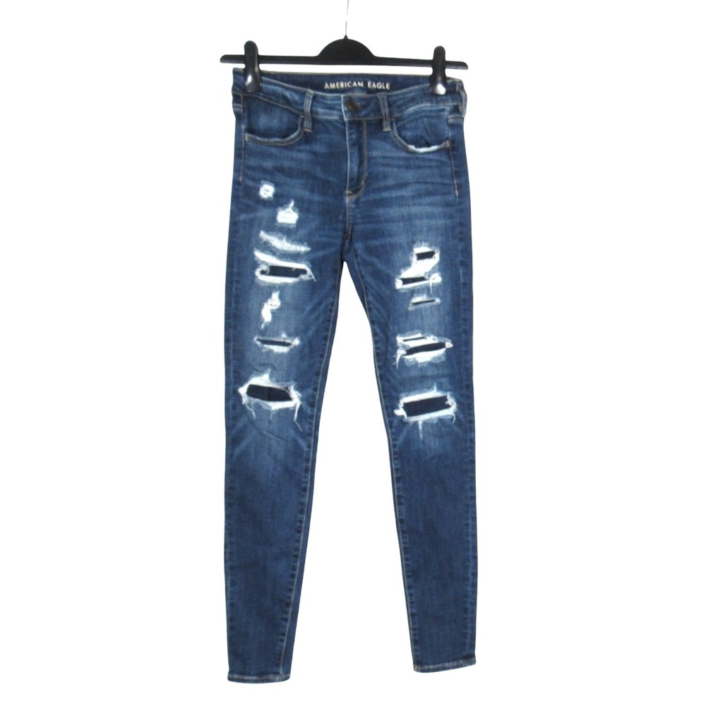 AMERICAN EAGLE Super Stretch MID-RISE Destroyed Patches JEGGINGS JEANS 6 Long
